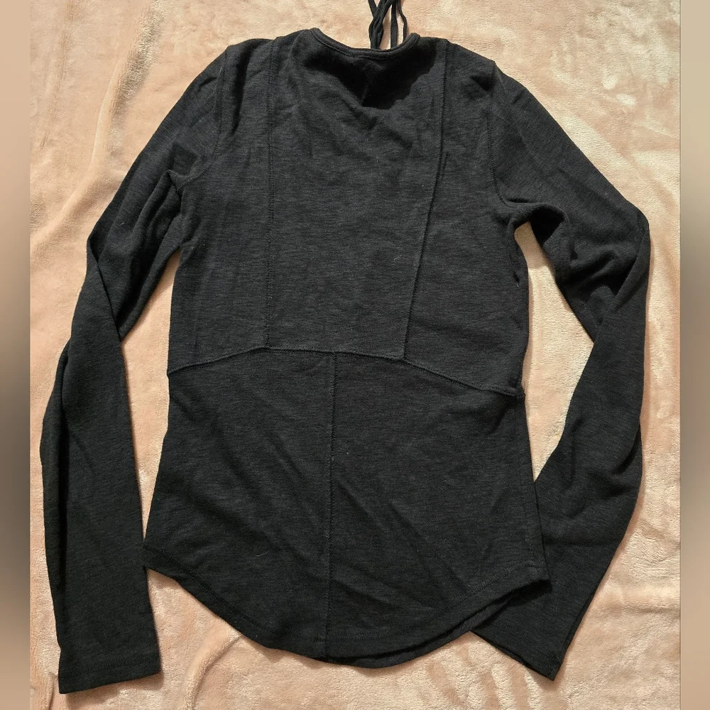Free People Black Cotton Lucky Lace Up Long Sleeve Criss Cross Tie Front Tee S